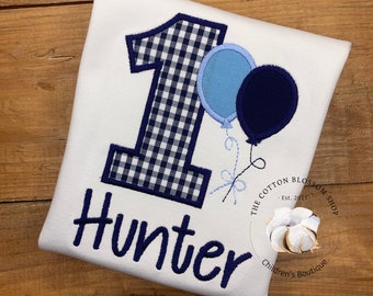 Boys 1st Birthday Shirt, Boys balloons birthday shirt, 1st birthday shirt, boys appliqué birthday shirt, shades of blue birthday shirt