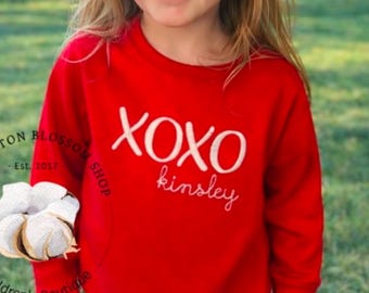 Girls Monogrammed Valentines Sweatshirt: Red Sweatshirt, XOXO with monogram for Valentines Day