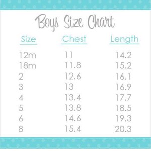 May include: Boys' size chart with measurements in inches for chest and length. Sizes range from 12 months to 8 years.