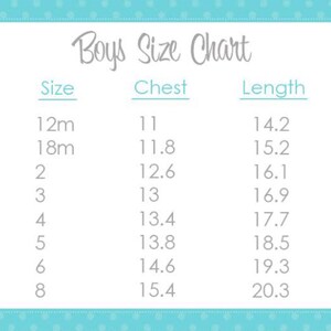 May include: Boys' size chart with measurements in inches for chest and length. Sizes range from 12 months to 8 years.