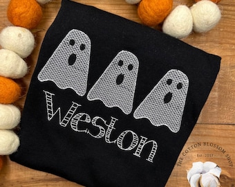 Boys Halloween Shirt: Embroidered Ghost Applique, Personalized Pumpkin