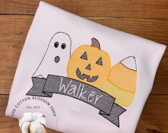 Boys Embroidered Halloween Shirt: Personalized Pumpkin Ghost Tee