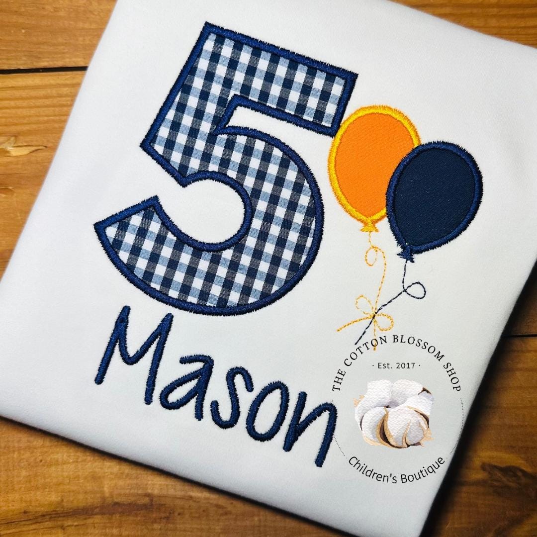 Boys 5th Birthday Appliqué Shirt: Blue & Orange Balloons