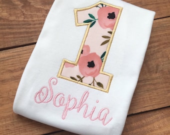 Pink Floral Birthday Shirt: Shabby Chic Gold Number, Personalized
