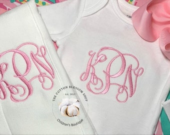 Monogrammed baby shower gift,  Baby girls bodysuit and burp cloth matching set, girls baby shower gift, monogrammed baby shower gift set