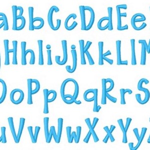 May include: A blue alphabet with a handwritten style font. The letters are in uppercase and are outlined in a darker blue.