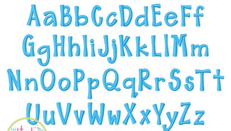 May include: A blue alphabet with a handwritten style font. The letters are in uppercase and are outlined in a darker blue.