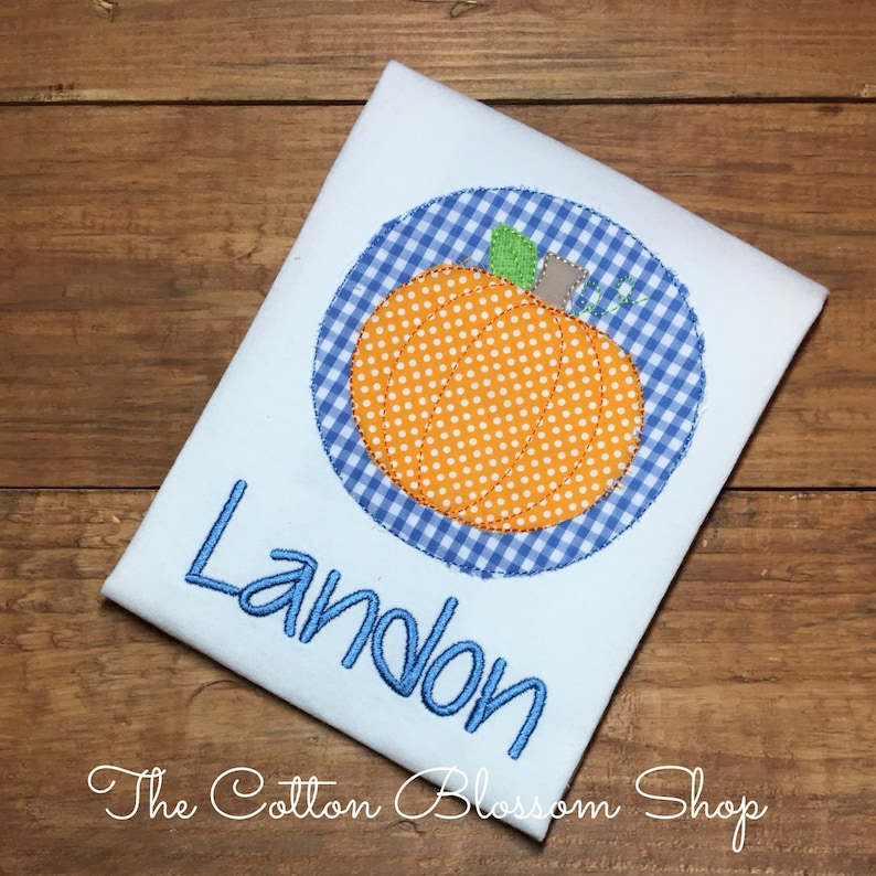 May include: A white t-shirt with a blue and white gingham pumpkin applique. The name Landon is embroidered in blue below the pumpkin.