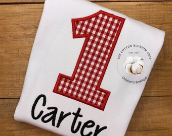 Boys 1st Birthday Shirt: Red Gingham Applique