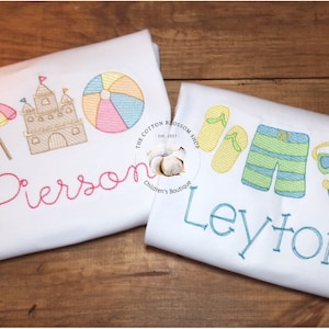 Matching Sibling Beach Appliqué Shirts: Brother and Sister Vacation Set