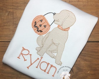 Boys Embroidered Halloween Puppy Shirt: Trick or Treat Sketch Design