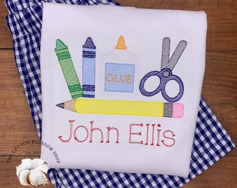 Boys Embroidered First Day of School Shirt: Crayon Design, Monogrammed