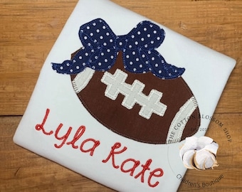 Girls Applique Football Shirt: Navy, Red, and Bow