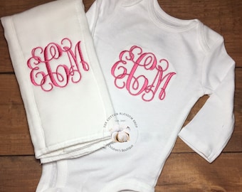 Monogrammed baby shower gift,  Baby girls bodysuit and burp cloth matching set, girls baby shower gift, monogrammed baby shower gift set