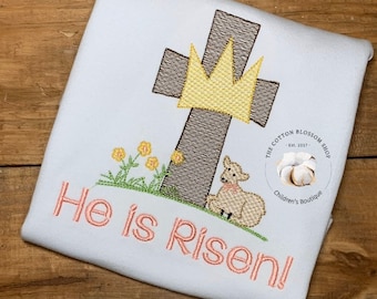 Girls Easter Shirt: Embroidered Cross, Lamb, Crown Design