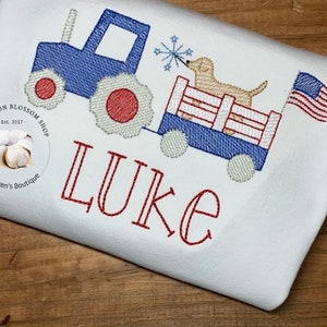 Boys 4th of July Embroidered Tractor Shirt: Personalized Patriotic Design