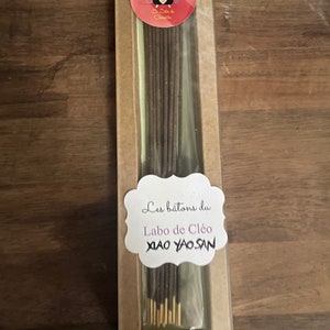 Op de afbeelding: Een doos met wierookstokjes met een label waarop staat "Les batons du Labo de Cléo XIAO YAOSAN". De doos is gemaakt van bruin karton en heeft een transparant plastic venster.