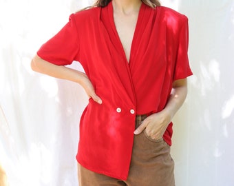 90s Red Silk Gathered Draped Blouse w/ Double Button Closure