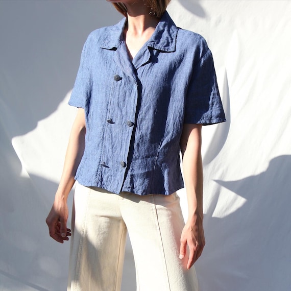 Double-Breasted Linen Semi-Cropped Boxy Blouse