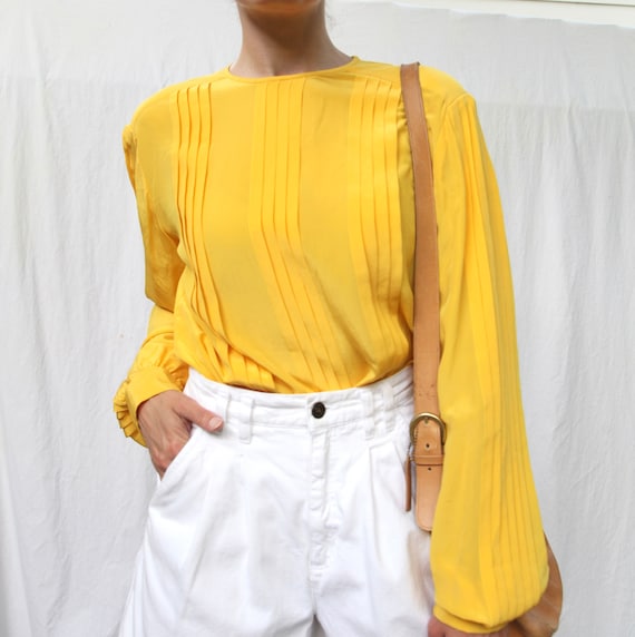 Stunning Vibrant Canary Silk Pleated Billowy Blous