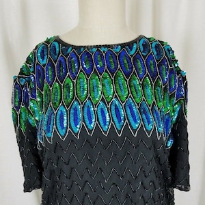 Stenay Heavily Beaded Sequined Formal Evening Top Blouse Womens L Peacock Black Cruise Wear Glam Dressy Night Out Cocktail