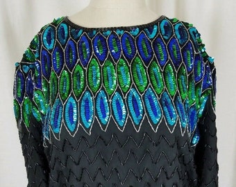 Stenay Heavily Beaded Sequined Formal Evening Top Blouse Womens L Peacock Black Cruise Wear Glam Dressy Night Out Cocktail