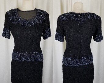 Vintage Stenay Petites Black Heavily Beaded Silk Dress Great Gatsby Style Illusion Mesh Womens size 12P Formal Cruise Party Cocktail