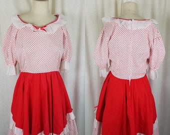 Vintage Square Dance Dress Jeri Bee Red White Lace Trim Ruffle Diamond Modest M Polka Dots Swing Twirl Rockabilly Country Barn Dance