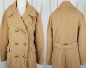 Vintage 1980s Mackintosh New England 1990s Camel Wool Double Breasted Peacoat Car Coat Jacket Womens 14 Union Made in the USA Military Spy