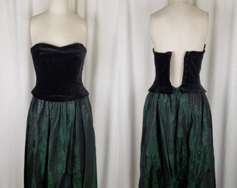 Vintage Laura Ashley Black Velvet Corset Bodice & Emerald Green Floral Taffeta Swing Skirt Formal Dress Womens 12 Strapless Colorblock