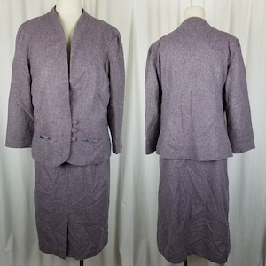 Vintage Handmade Lavender Lilac Purple Herringbone Tweed Wool Cashmere Mod Skirt Collarless Blazer Jacket Skirt Suit Women&#39;s size L XL