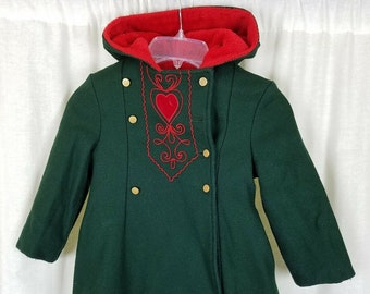 Vintage Philmark mode hiver laine caban robe manteau filles 3T traditionnel allemand autrichien vêtements vert et rouge broderie nordique