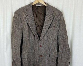 Vintage HARRIS Tweed Blazer Brown Mottled Wool Sport Coat Jacket Mens 42R Made in the USA College Professor Checked