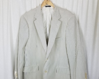 David Wood Southwick Blue & White Seersucker Railroad Pinstripes Blazer Sport Coat Jacket Mens size 47 USA Barbershop Quartet Corpcore