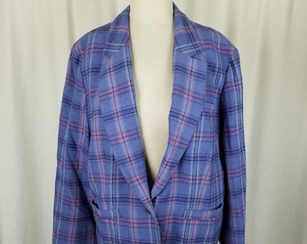 Vintage Pendleton 100% Pure Wool Purple Blue Pink Plaid Blazer Tuxedo Jacket Womens size Large Made in the USA Blue Label