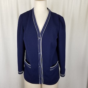 Vintage Butte Knit Polyester Blazer Jacket Vintage MCM Womens size M Navy Blue White Piping VNeck Button Up Collarless