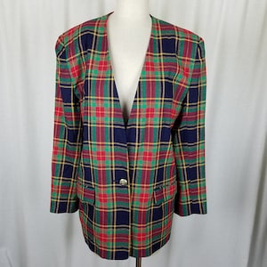 Chaus タータン スコッチ チェック柄 ウール ノーカラー Vネック ブレザー ジャケット レディース L XL ヴィンテージ Vネック シングル装飾 ゴールドボタン