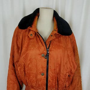 Vintage Obermeyer Euromantic Ski Winter Parka Jacket Womens 10 Retro 1980s 1990&#39;s Puffer Wet Look Shimmer Full Snap Up Zip Fur Collar Orange