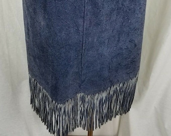 Vintage Lariat Blue Suede Brushed Leather Fringe Hippie Boho Long Maxi Skirt Womens size 10 Festival Western Cowgirl Denim Color