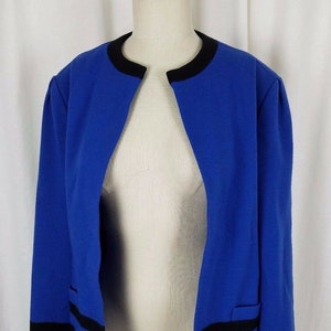 Bleyle Wool Classic Open Front Swing Sweater Jacket Womens 12 Cobalt Blue USA Black Stripes Piping Accents Vintage Professional Career