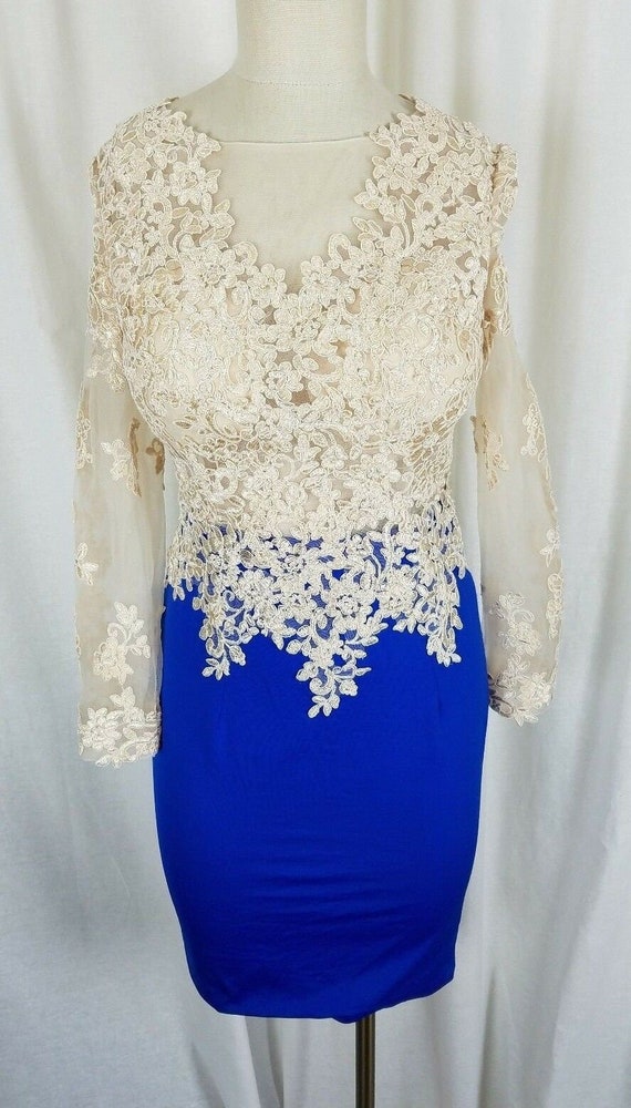 Vintage Nude Cream Floral Lace Cobalt Blue Dress … - image 1