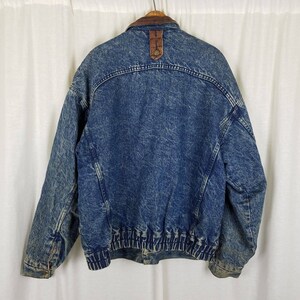 Vintage Urban Outfitters Denim Blue Jean Leather Bomber Jacket Mens size Large Quilted Liner 80s 90s Colorblock Two Tone Brown & Blue image 4