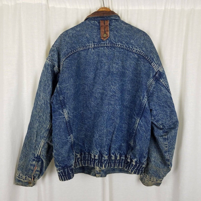 Vintage Urban Outfitters Denim Blue Jean Leather Bomber Jacket Mens size Large Quilted Liner 80s 90s Colorblock Two Tone Brown & Blue image 4