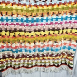 Vintage Crochet Afghan Sonic Crown Striped Print Granny Throw Blanket 55x66 Boho Handmade Hand Knit Colorful Earth Tones