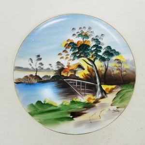 M. Sato Decorative Plate Entirely Handpainted Castle Lake Bridge Print Vintage 10.5 in Japan Landscape Japanese