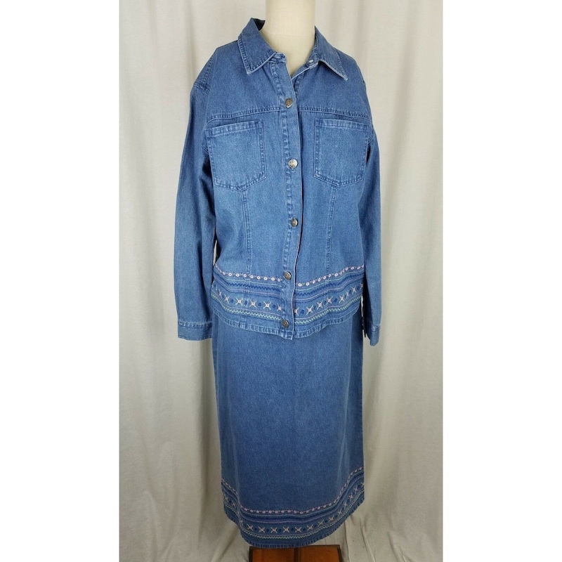 Skirt Sets Women 2pcs Outfits Denim Long Sleeve Full Zip Embroidery Crop Jean Jacket Mini Skirt Set main image 0