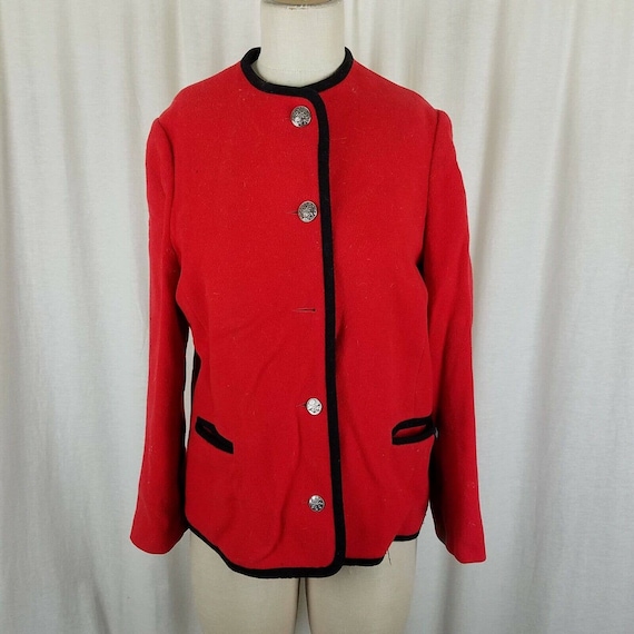Vintage MackIntosh Red Boiled Wool Cardigan Sweater Jacket Womens M Ribbon Trim Collarless Blazer Shacket