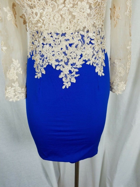 Vintage Nude Cream Floral Lace Cobalt Blue Dress … - image 3