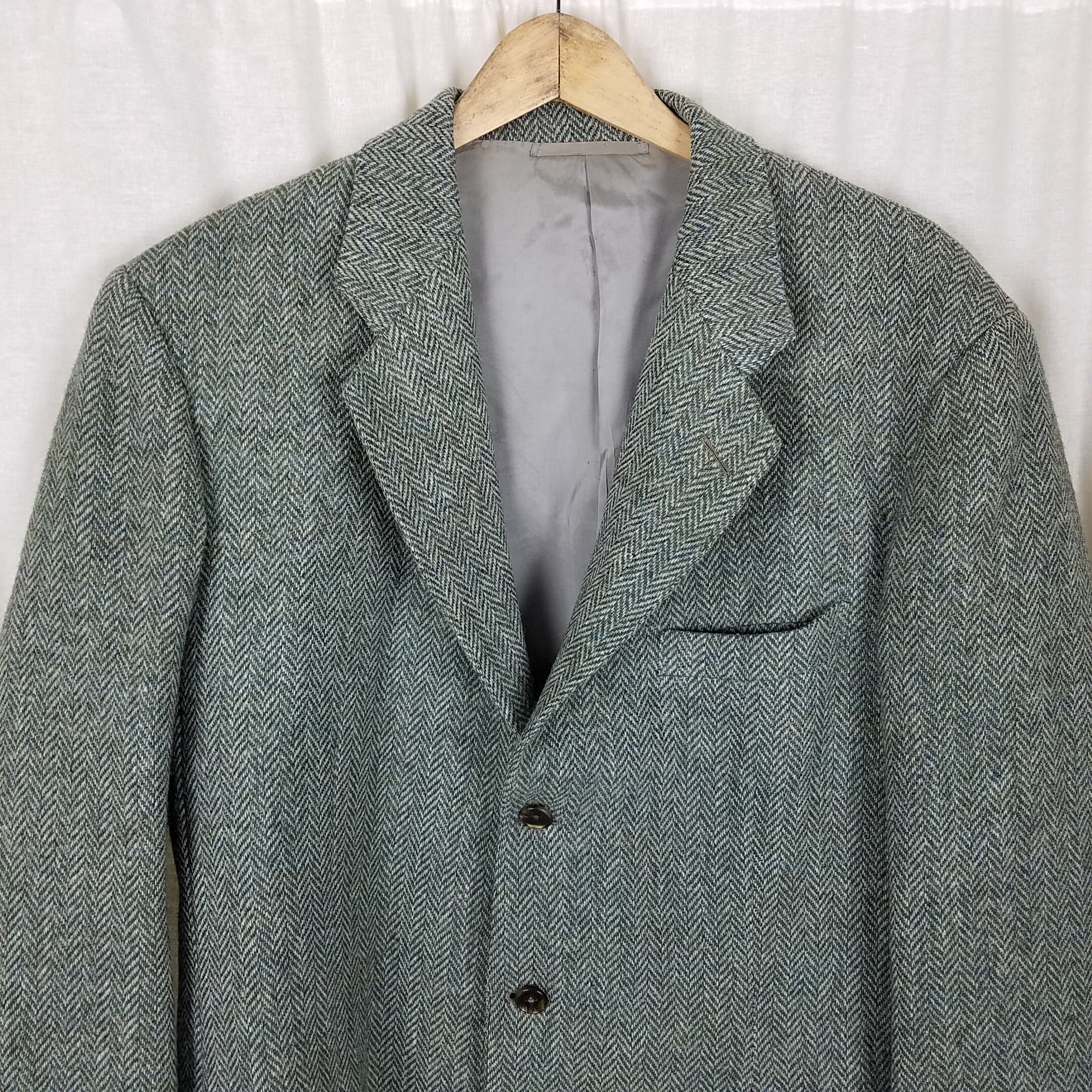 Vintage Cheo NYC Green & White Herringbone Tweed Wool Woven Sport Coat ...