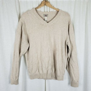 Vintage LL Bean 100% Cotton VNeck Pullover Lightweight Knit Sweater Mens size Medium Light Tan Oatmeal Pullover 0GBG1